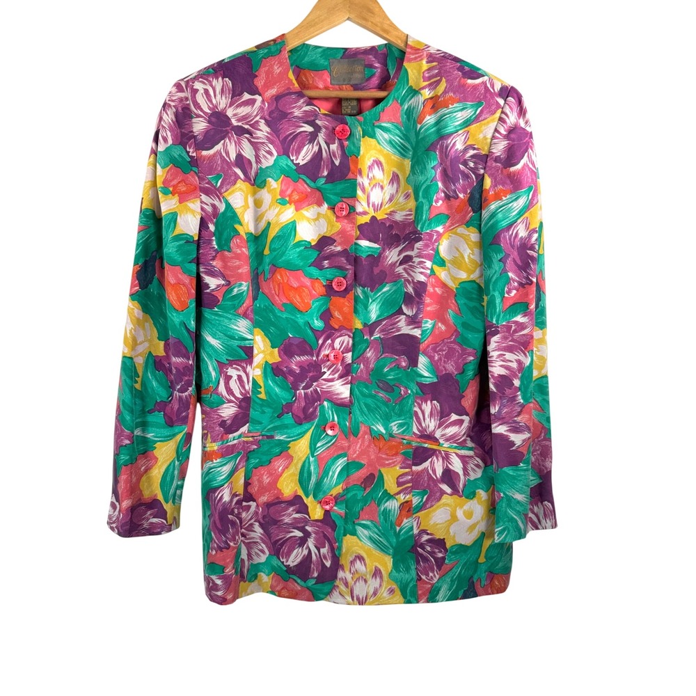 VTG Collection Point of View Blazer sz M Multicolor Floral 100% Silk 90s